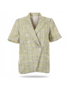 Maison d’Amélie Paris Tweed Blazer Large Yellow Plaid Double Breasted Jacket